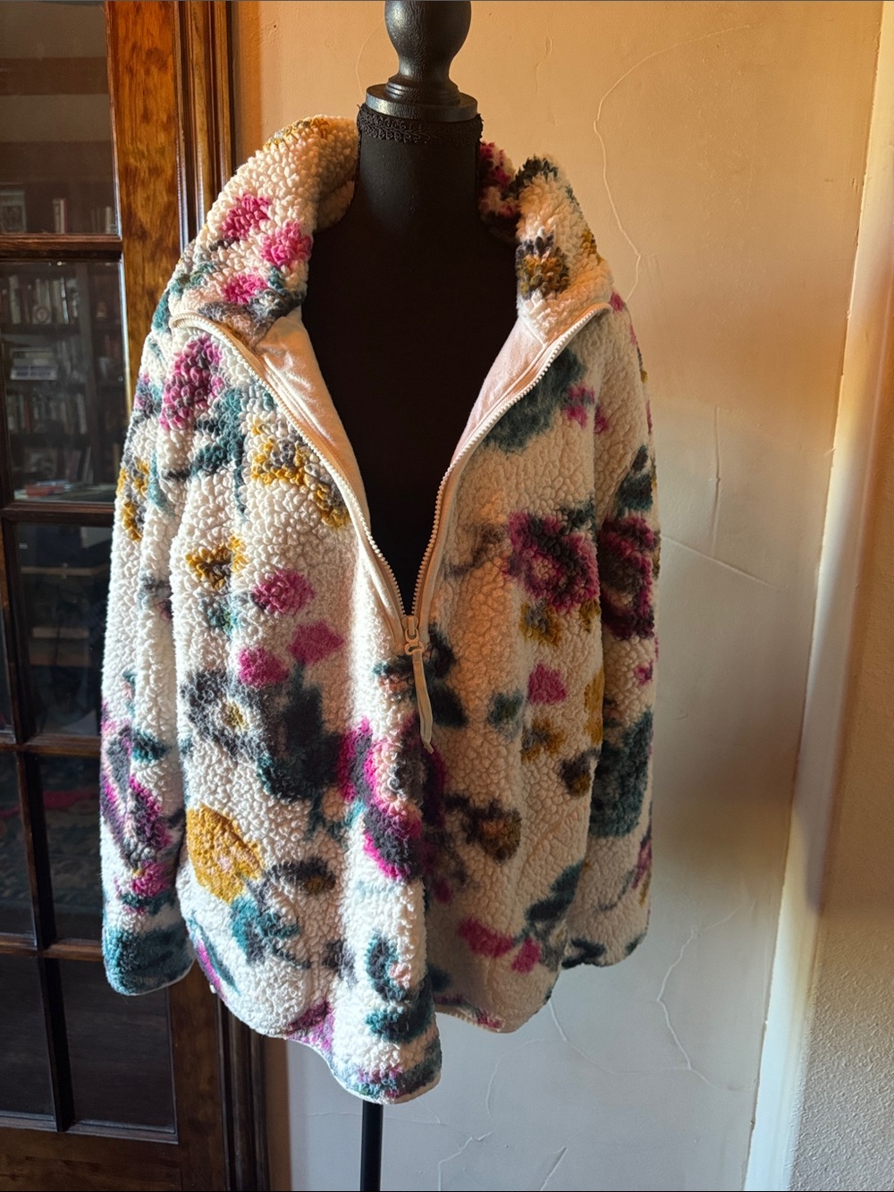 Anthropologie Cream Sherpa Jacket with Pink, Green & Yellow Floral Print